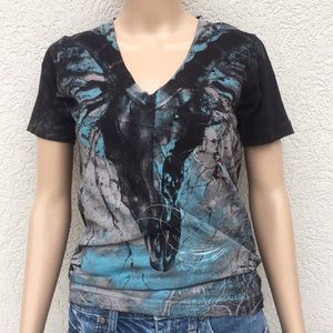 Archaic/ Affliction Tee medium black silver v neck